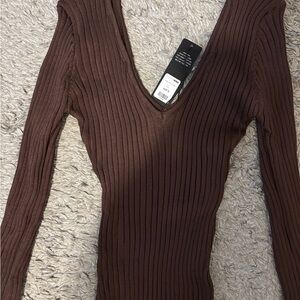 Brown Ribbed V-Neck Sweater